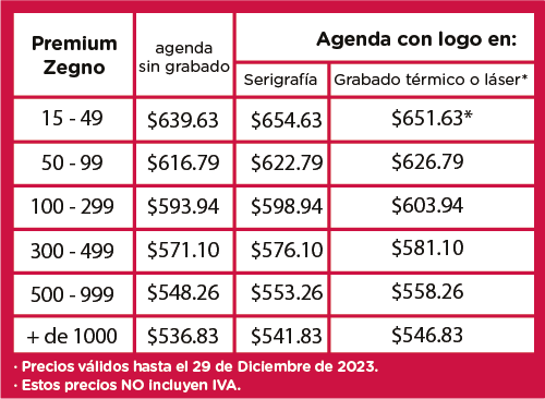 Precios Agenda Premium Zegno 2024