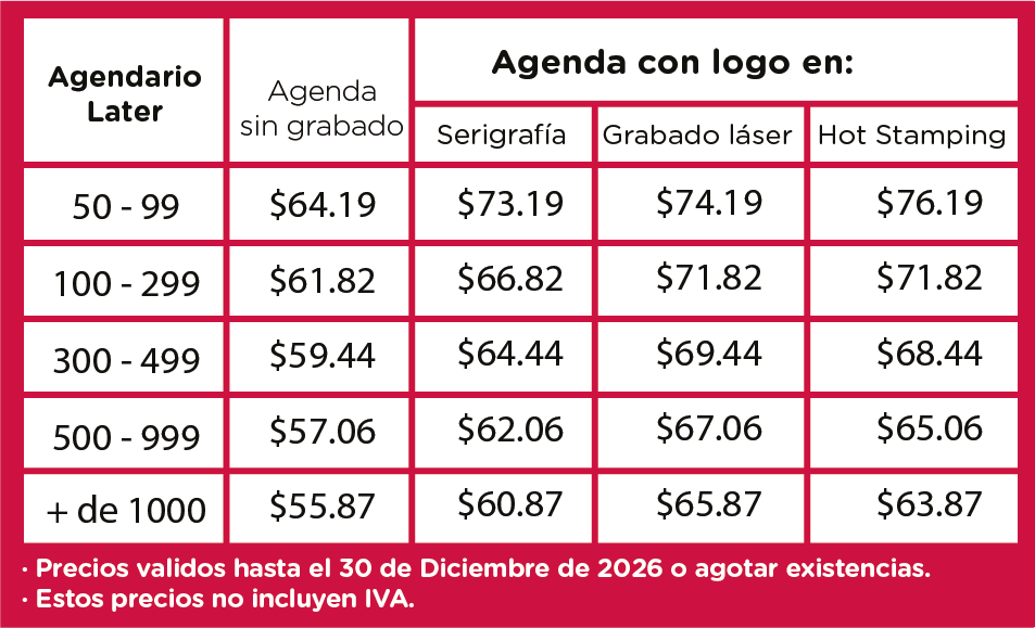 precios agendario later