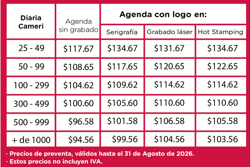 precios agenda diaria Cameri