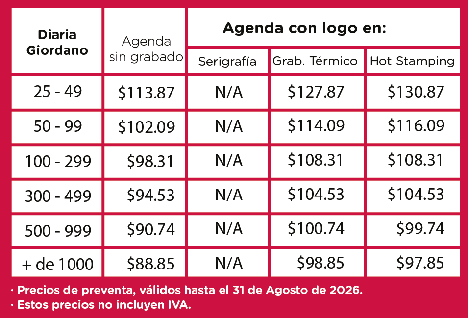 precios agenda diaria Giordano
