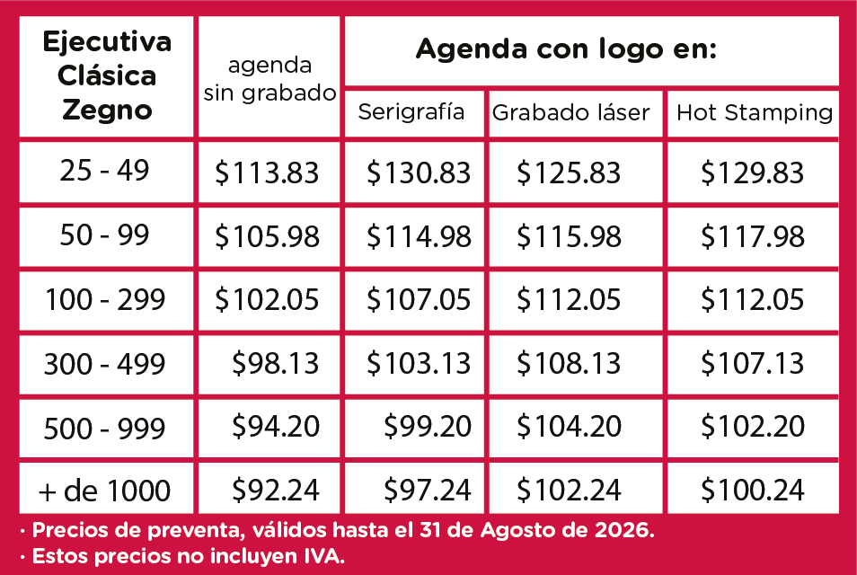 precios preventa agenda ejecutiva clasica zegno