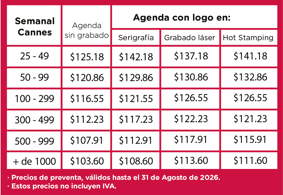 precios agenda semanal Cannes