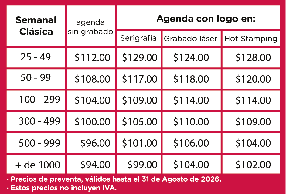 precios preventa agenda semanal clasica zegno