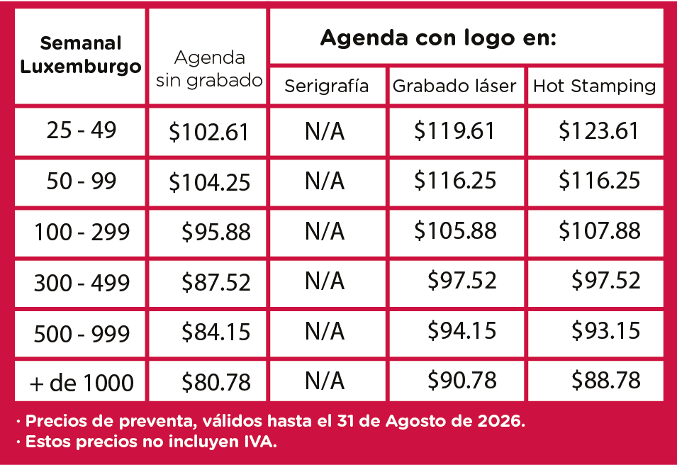 precios agenda semanal Luxemburgo