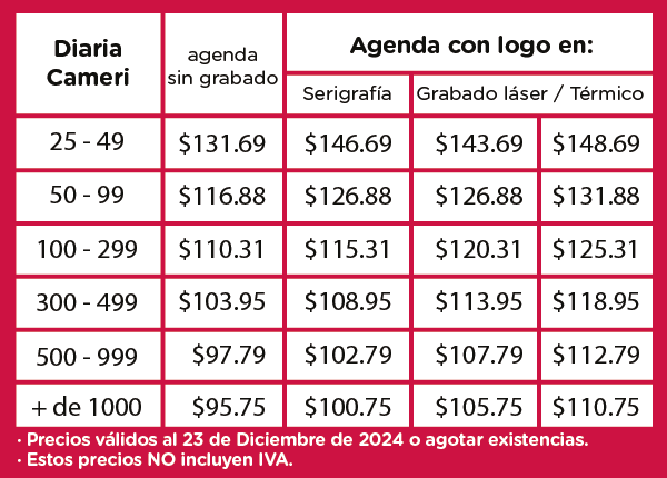 Precios Agenda Diaria Cameri 2025