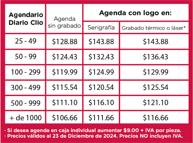 Precios Agendario diario Clio 2025