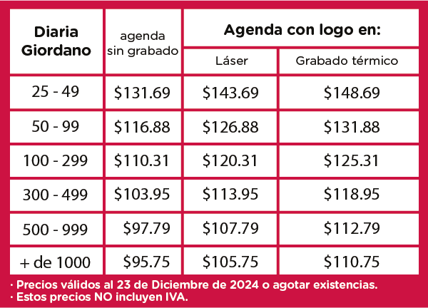 Precios Agenda Diaria Giordano 2025