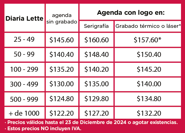 Precios Agenda Diaria Lette 2025