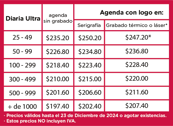 Precios Agenda Diaria Ultra 2025