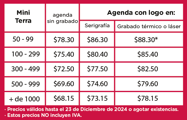 Precios Agenda Mini Terra 2025