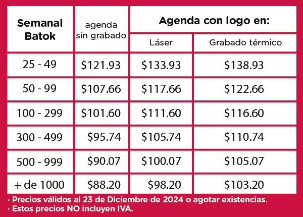 Precios Agenda Semanal Batok 2025