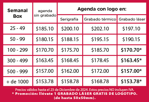 Precios Agenda Semanal Box 2025