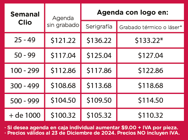 Precios Agenda Semanal Clio 2025