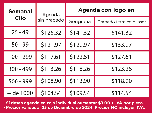 Precios Agenda Semanal Clio 2025