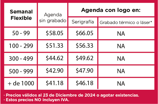 Precios Agenda Semanal Flexible 2025