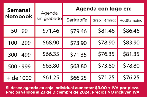 Precios Agenda semanal Notebook Clio 2025