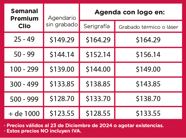 Precios Agenda Semanal Premium Clio 2025