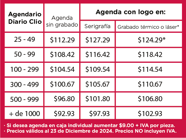 Precios Agendario diario Clio 2025