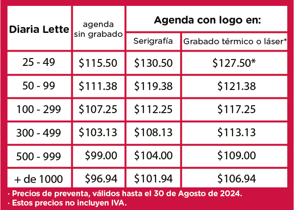 precios preventa agenda diaria Lette 2025