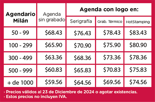 precios agendario Milan