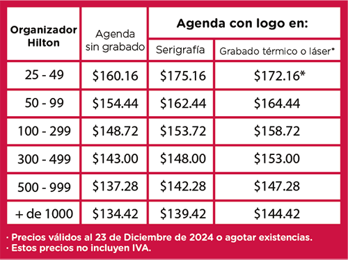 precios agendario organizador Hilton